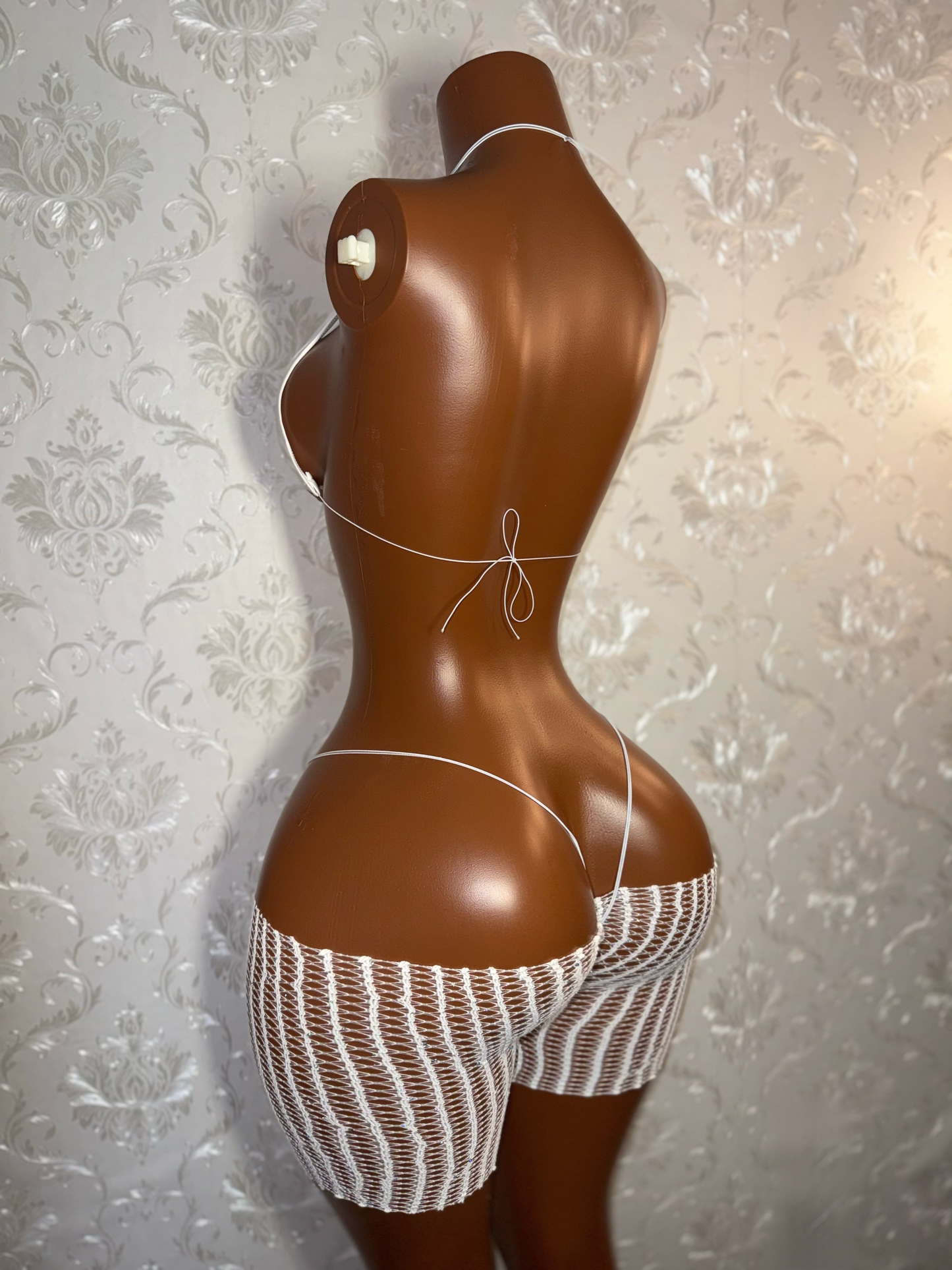 Chyna — 3 Piece Set Triangle Bikini with Clear Stones & Cut-Off Fishnets