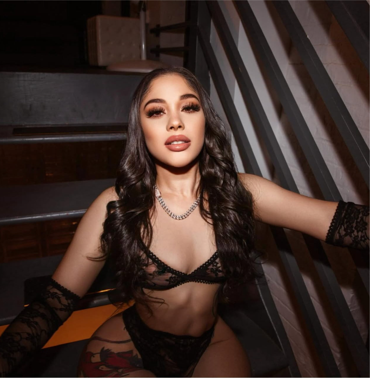 Bad Influence Lace High Waisted 3 Piece Set with Gloves in Black