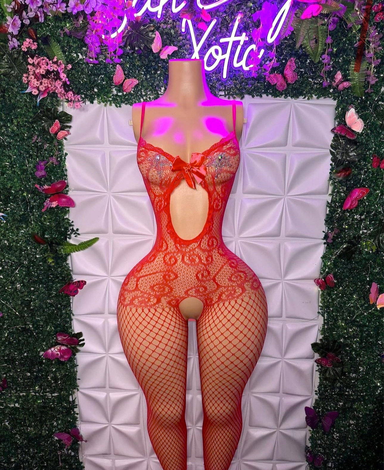 Babydoll Fishnet Bodystocking with Bow Fits XS-L