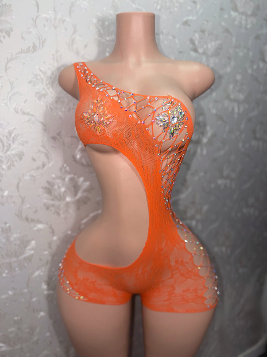 Rhinestone Lace Detail Fishnet Romper Fits XS-L