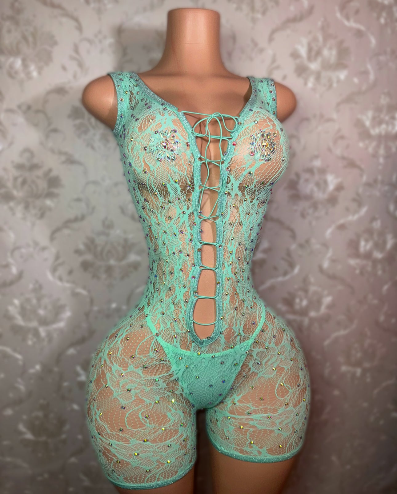 Enchantress Rhinestone Lace Fishnet Romper Set Fits XS-L