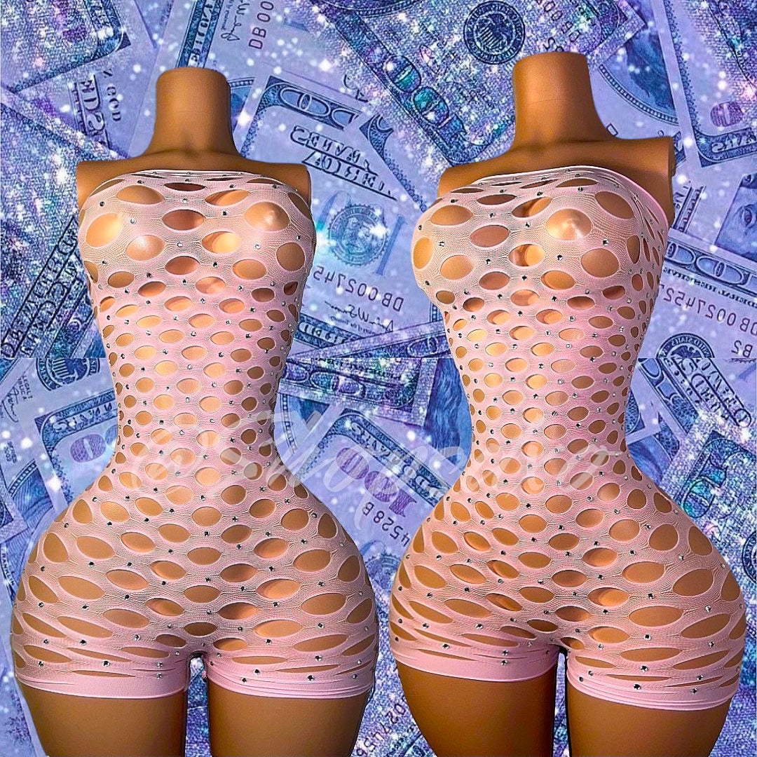 Money Maker Strapless Fishnet Romper with Rhinestones 9 Colors Fits XS-XL