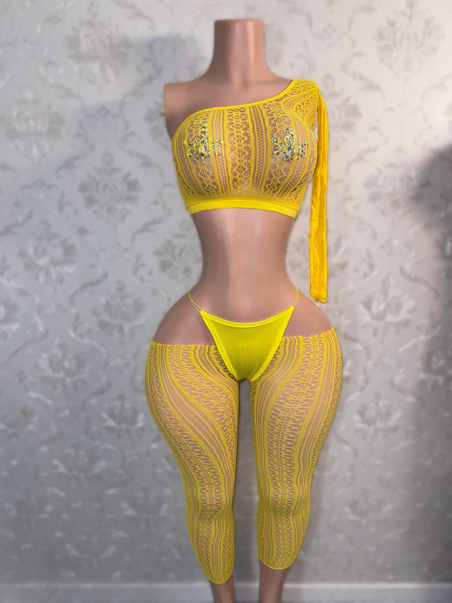 Leila Mandala Lace Fishnet Cut Off Pants Set Optional Thong Fits XS-L