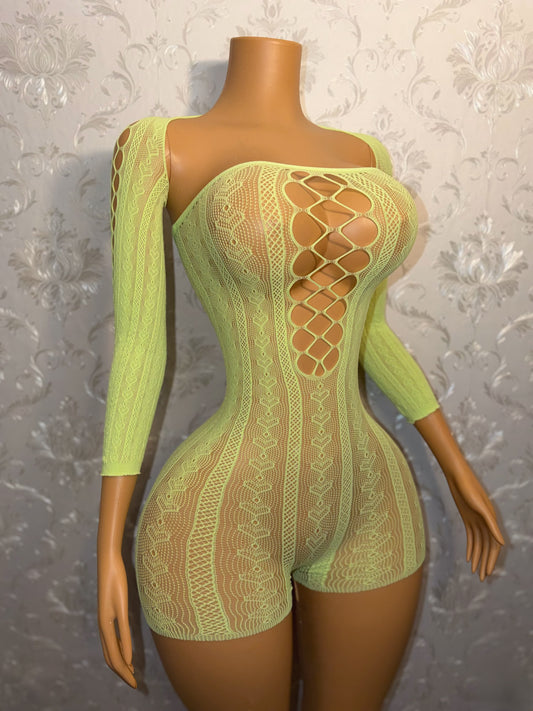Chrome Hearts Neon Green Fishnet Romper Set Fits XS-L