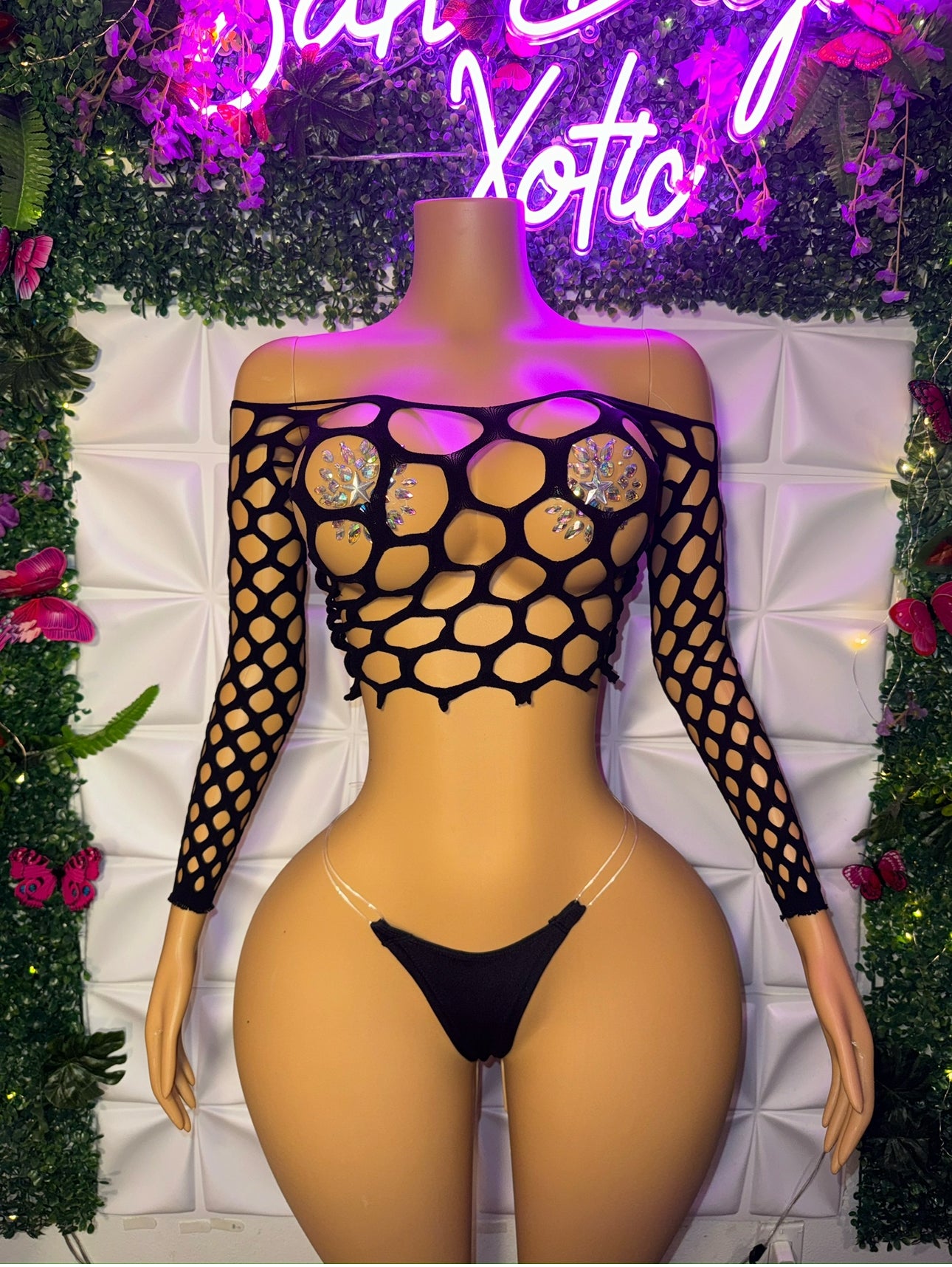 Stella 2 Piece Pothole Top and Thong Set Fits XS-XL