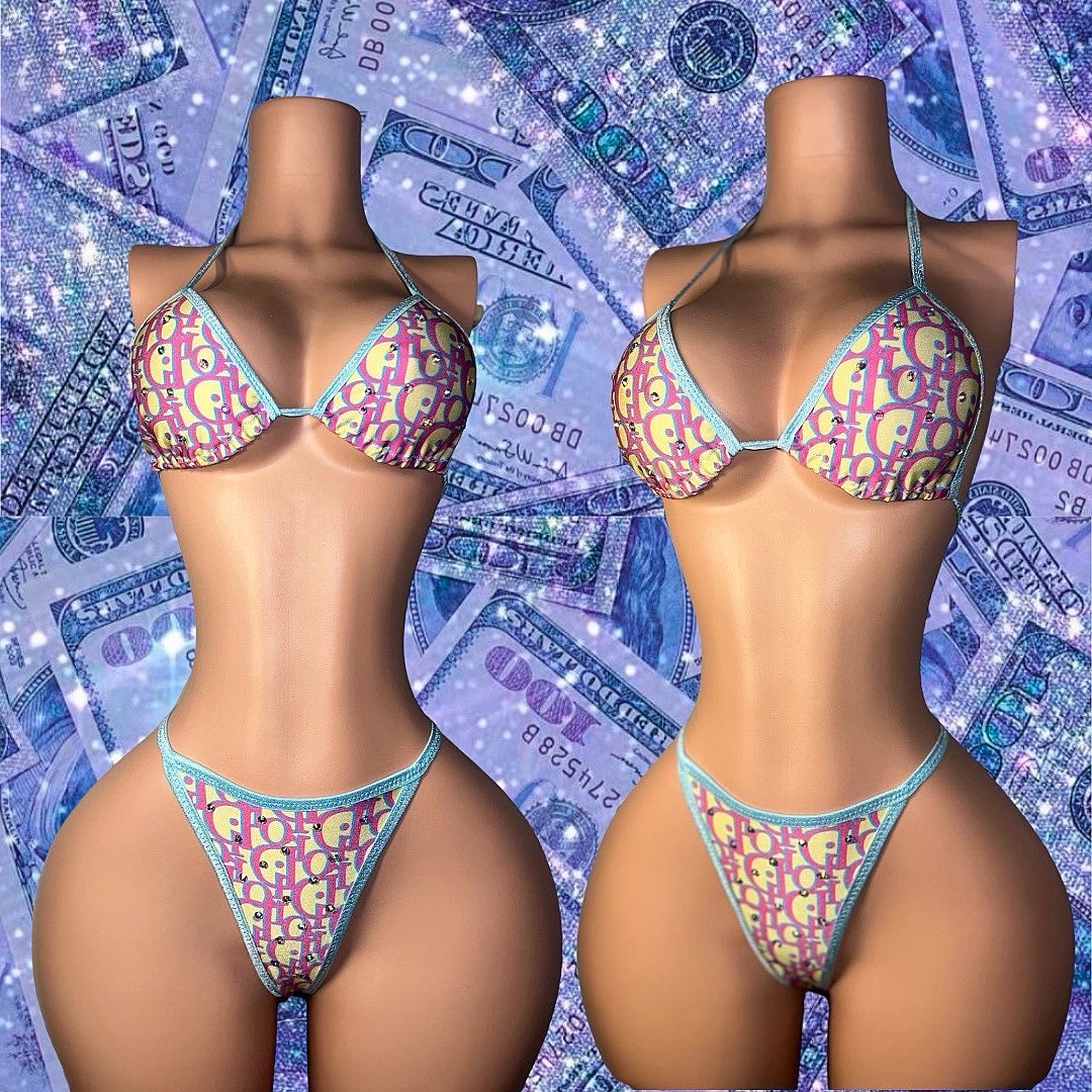 Princess Diana Two-Tone Graphic Triangle Bikini String Bikini with Rhinestones by SD Xotic