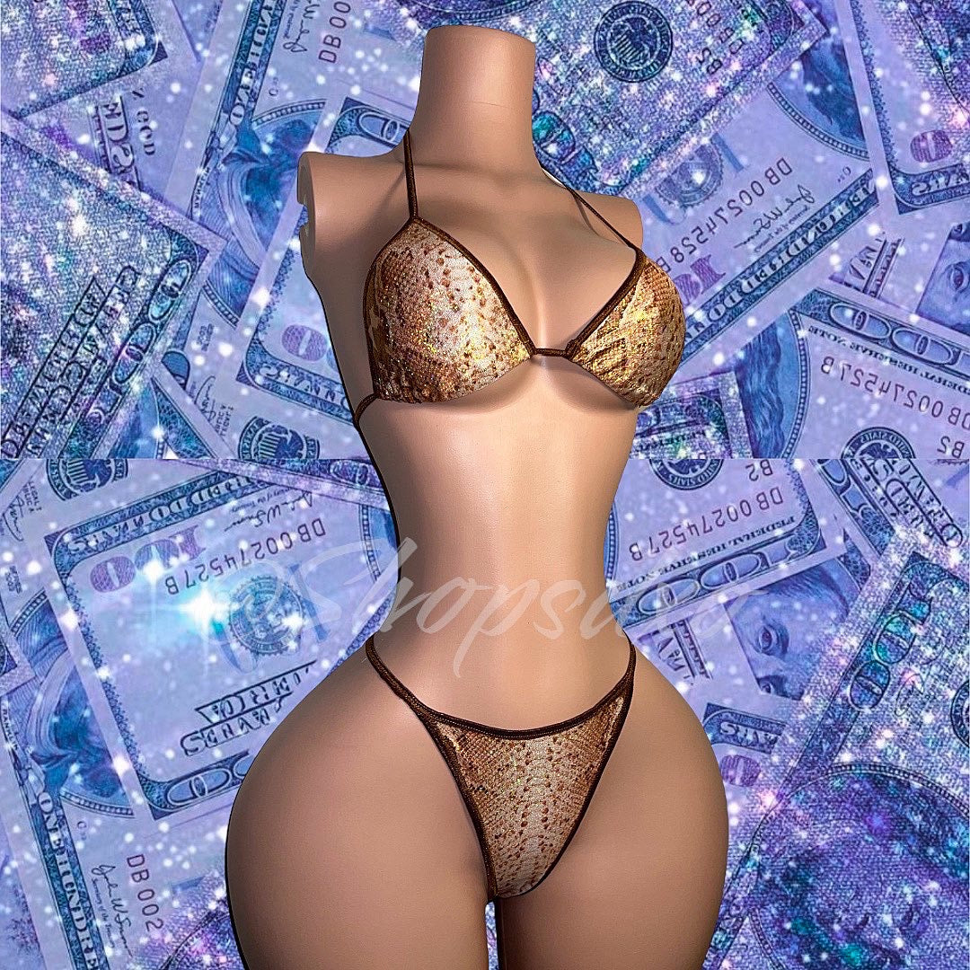 Better in Brown Champagne Gold Snakeskin Bikini with Stones