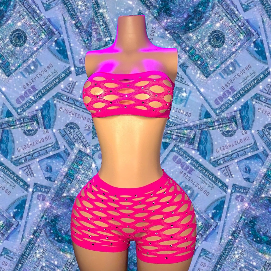 My Type — Rhinestone Fishnet Shorts Set Fits XS-L