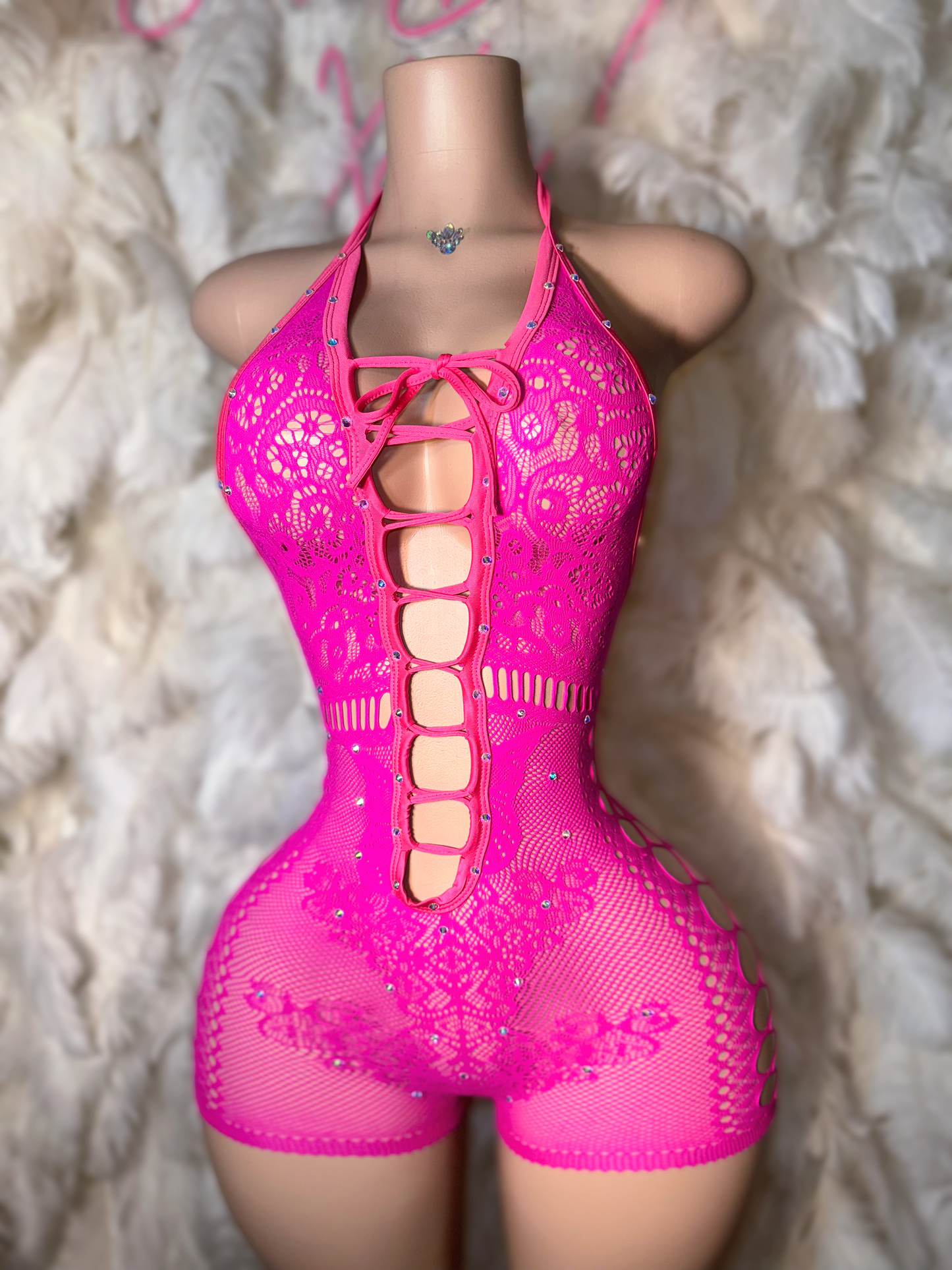 Video Vixen — Lace Fishnet Romper With Rhinestones Fits XS-L