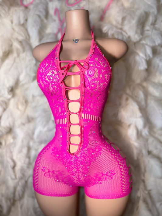 Video Vixen Lace Fishnet Romper With Rhinestones Fits XS-L