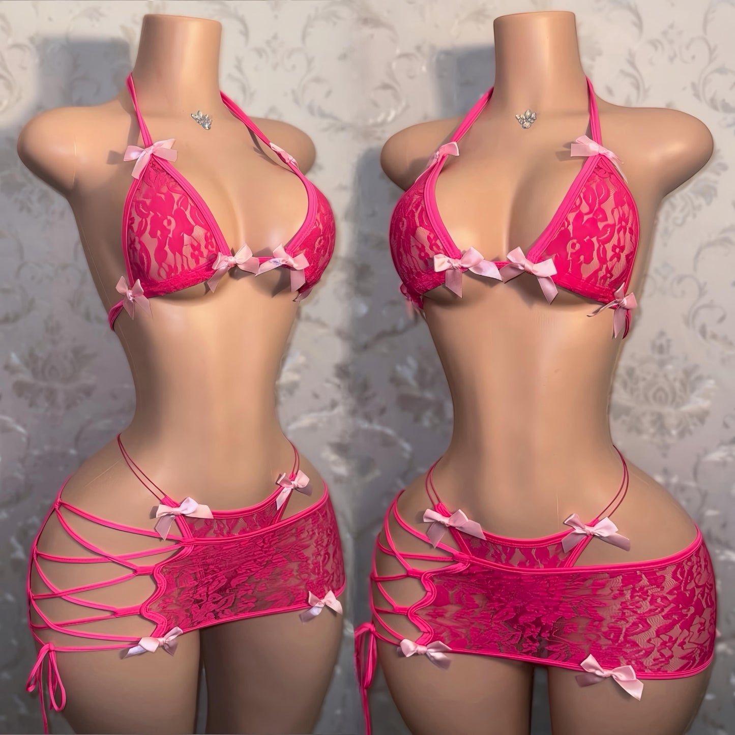 Kawaii Hot Pink Lace Skirt Set With Bows As Seen On @xxtiffydollxx Fits XS-M