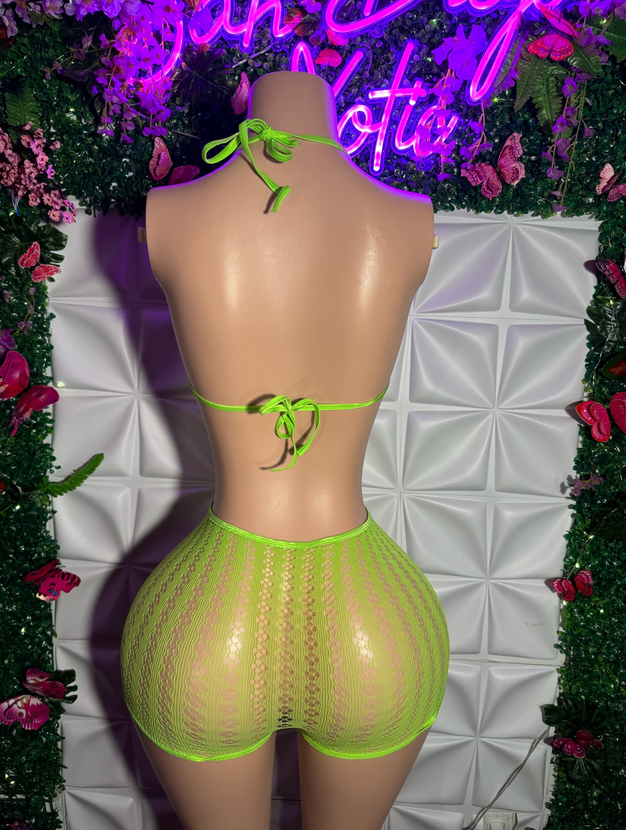Summer — Neon Green Fishnet Floral Lace Crotchless Shorts Set Fits XS-L