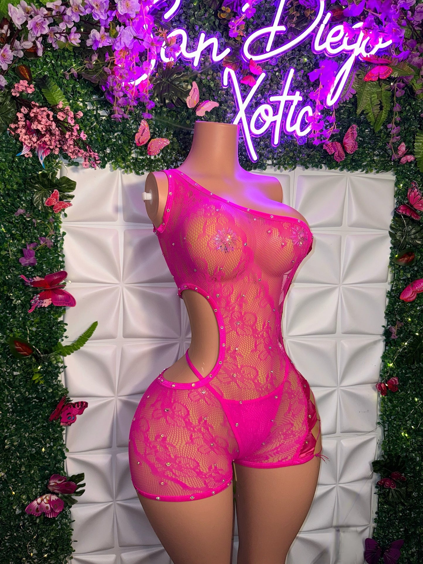 Holiday — Birthday Suit Bedazzled Romper Asymmetrical Fishnet Fits XS-L Optional Extra Stones