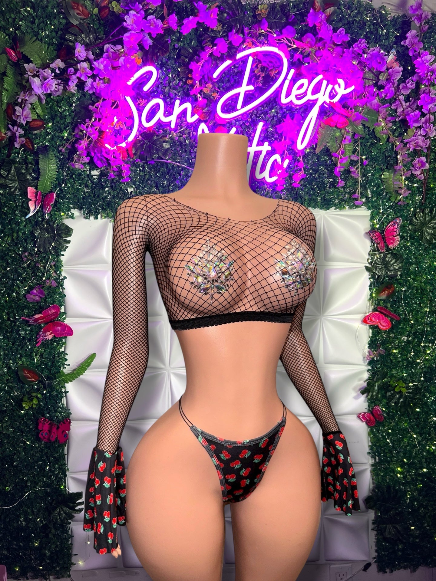 Cherry Bomb Bell Sleeve Fishnet Set Fits XS-L