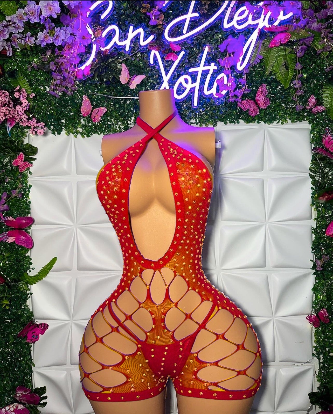 Dollas — Fishnet Romper Set with Rhinestones and Thong Fits XS-XL