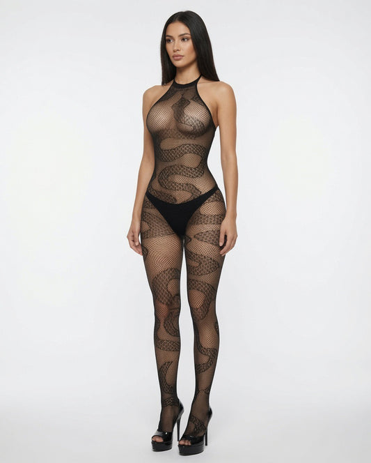 Cobra Forest Green Fishnet Halter Bodystocking Fits XS-L