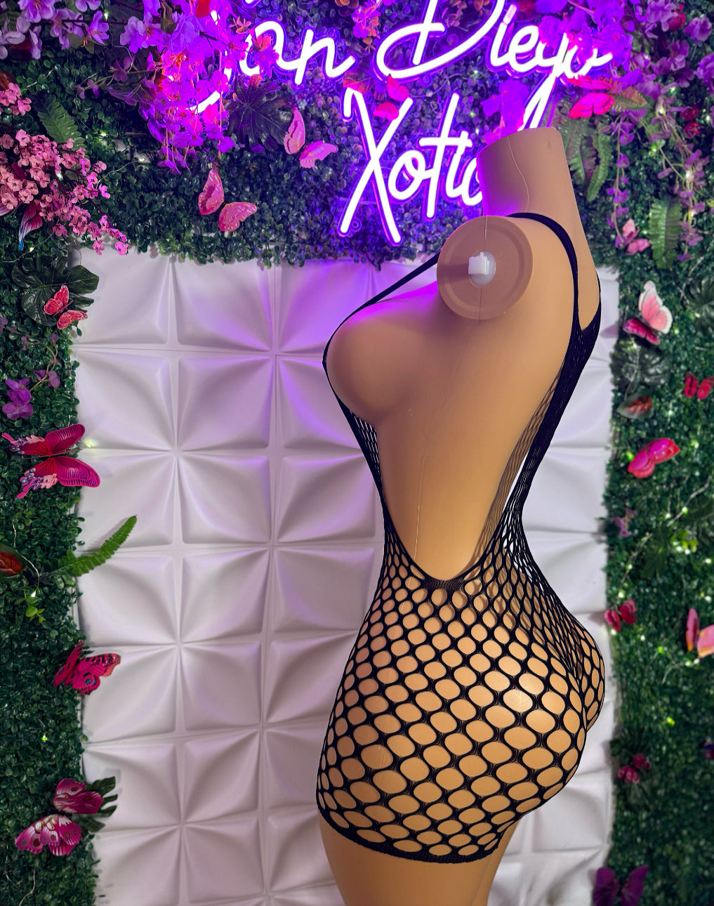 Gia — Classic Black Fishnet Romper Fits XS-L