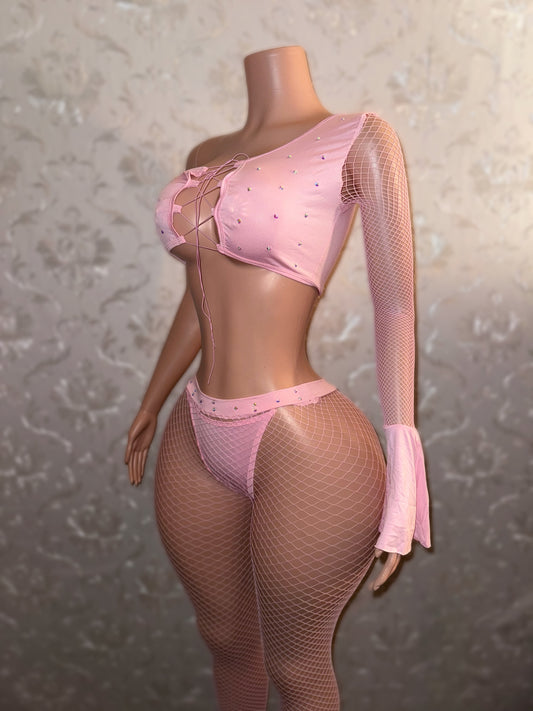 Innocence Asymmetrical Bell Sleeve Fishnet Pant Set Fits S-M