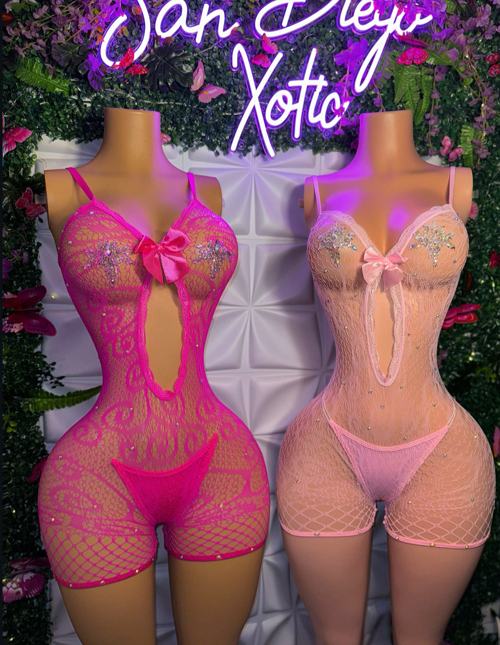 Babydoll Diamond Lace Fishnet Romper with Rhinestones Fits XS-L