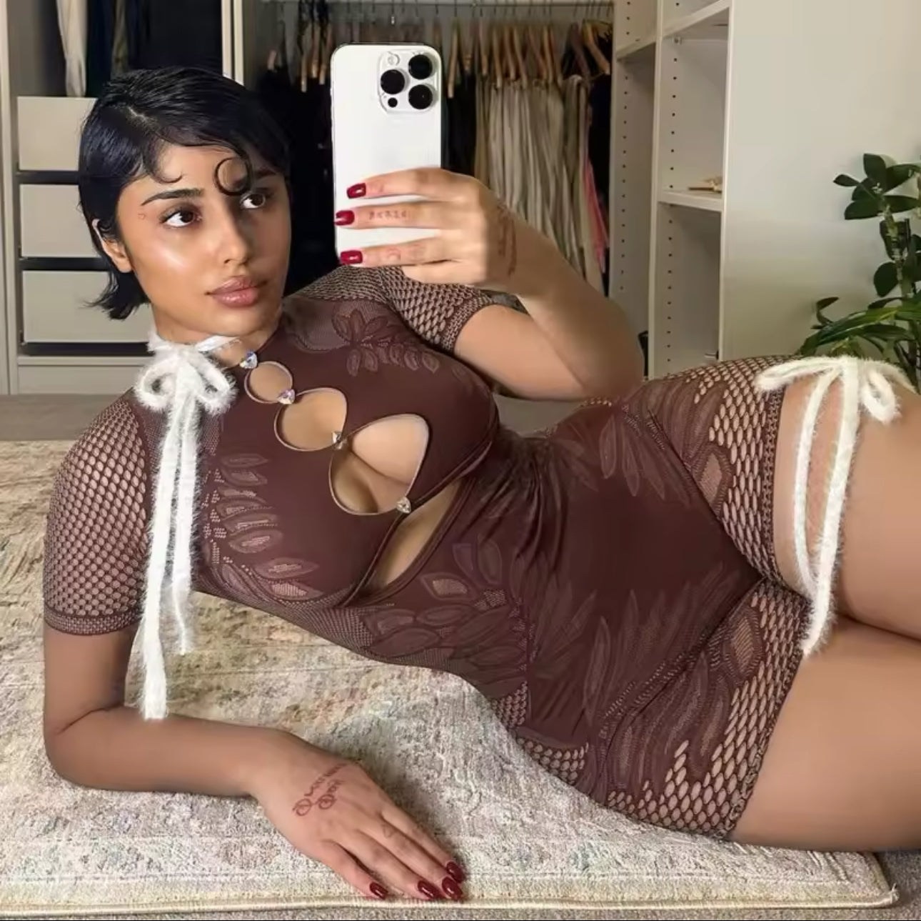 Saditty Mesh Tee Romper in Brown or Black Fits XS-L