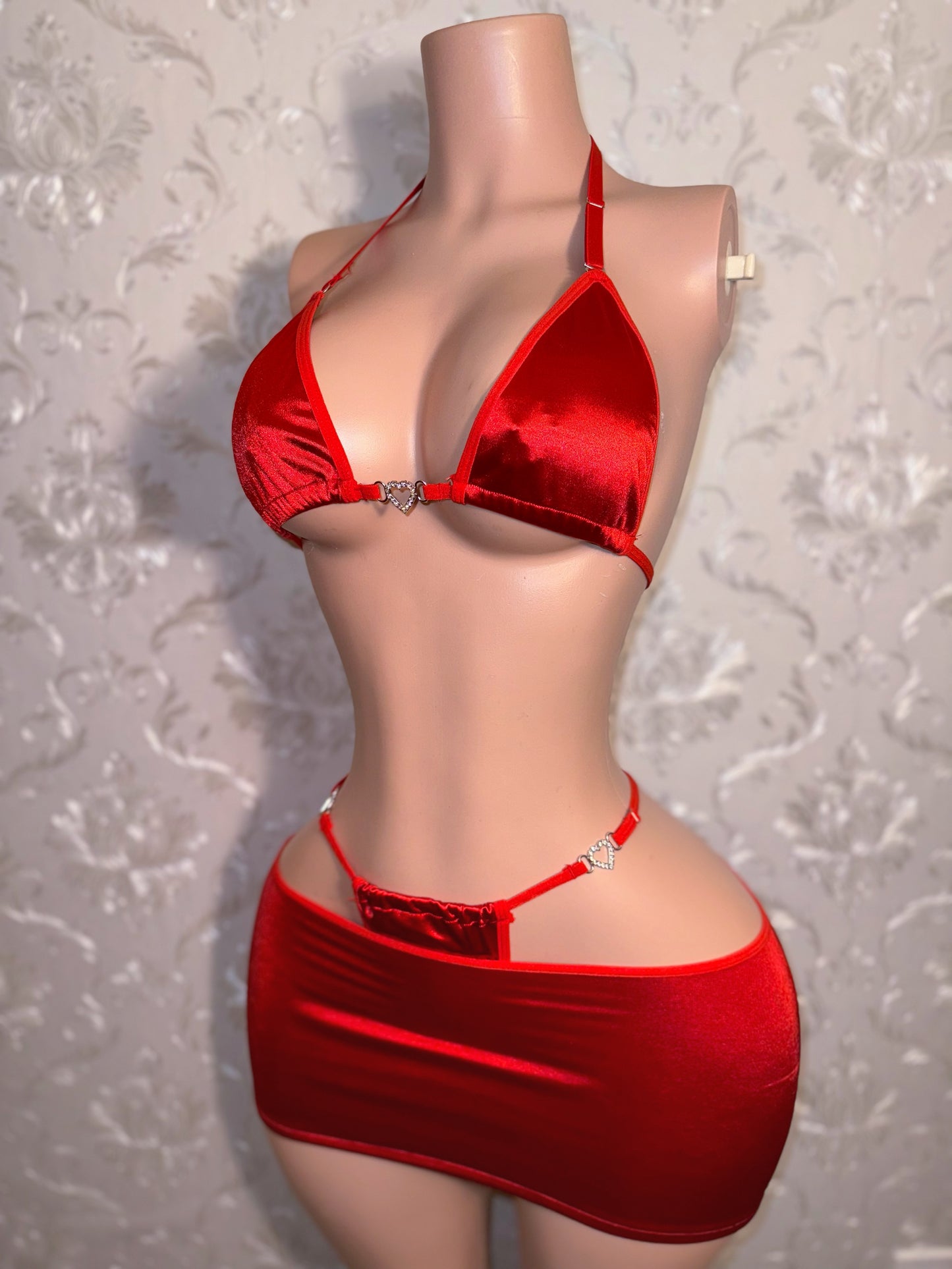 Round of Applause — Red Silk 3 Pc Skirt Set with Heart Charms