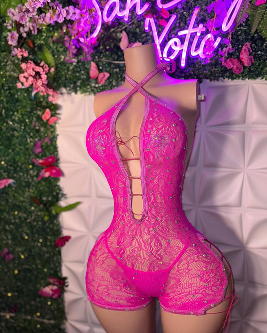 Dime Piece Lace Rhinestone Romper Low Cut Back with Thong Fits XS-L