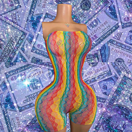Tesehki Rainbow Fishnet Strapless Romper