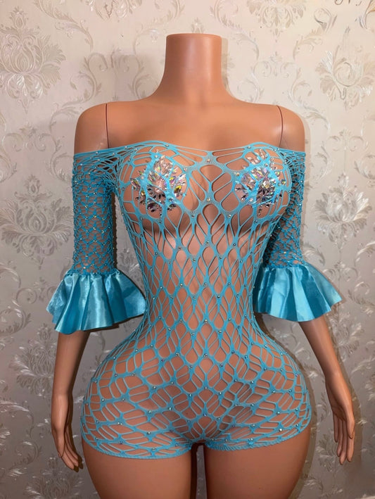 Kayla Off Shoulder Fishnet Romper Fits XS-M