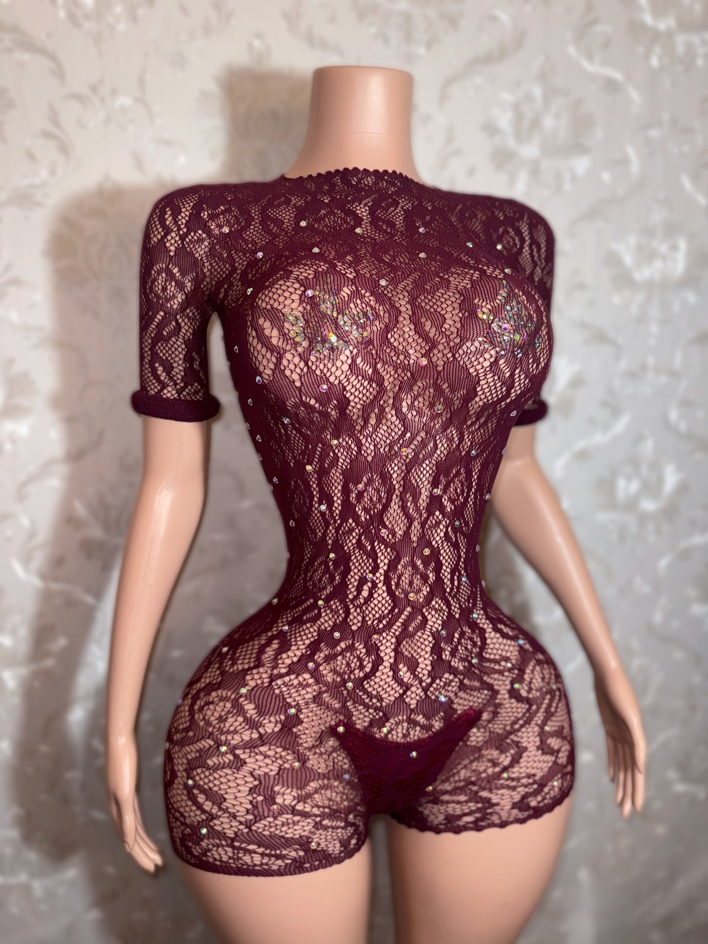 Suriyah — Rolled Sleeve Rhinestone Backless Fishnet Romper Fits XS-M