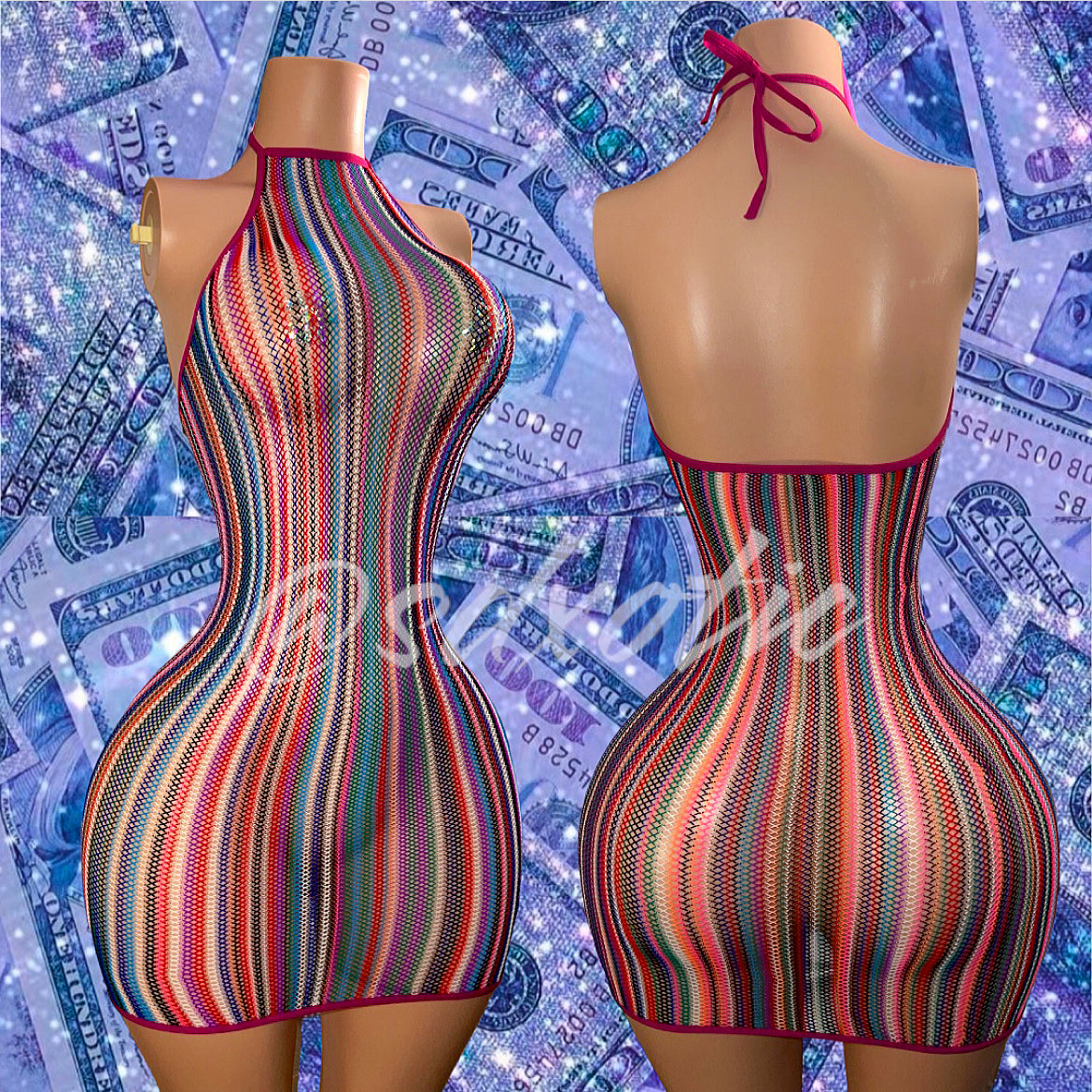 Onika Multicolor Fishnet Romper with Rhinestones