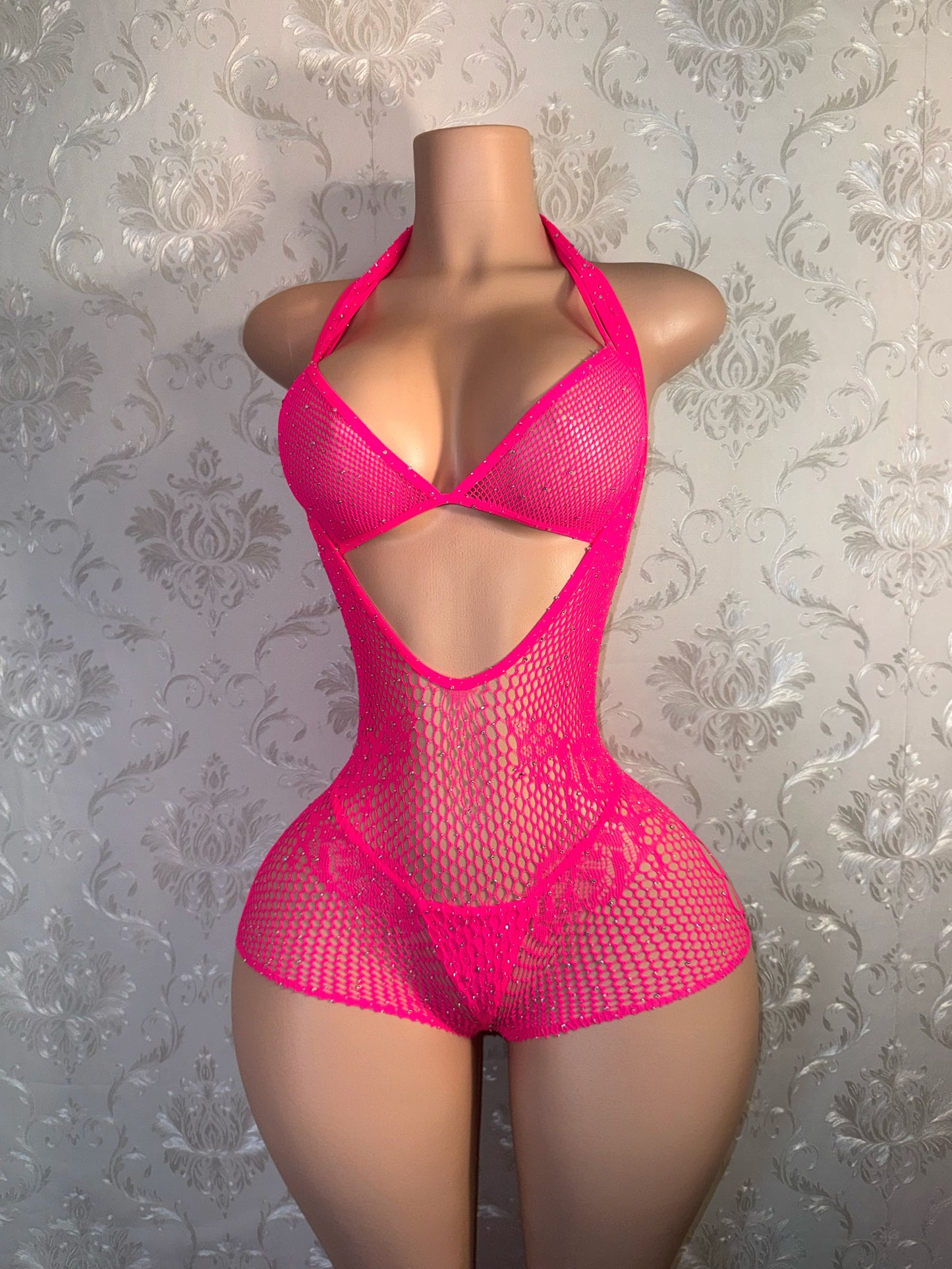 Mean Girl Rhinestone 3 Piece Fishnet Romper Bikini Set