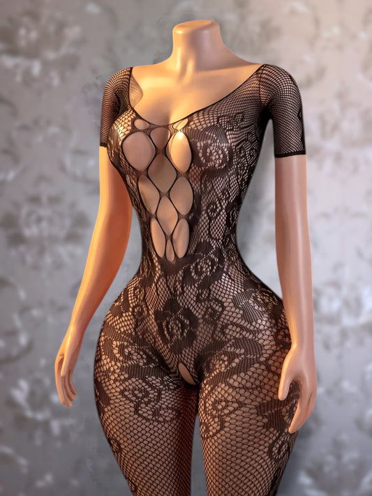 Rosé Short Sleeve Fishnet Bodystocking Fits XS-M
