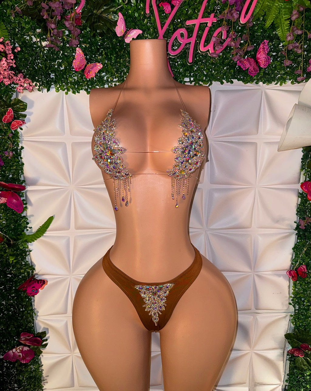 High Priestess Birthday Crystal Diamond Bikini Set with Full Coverage Thong