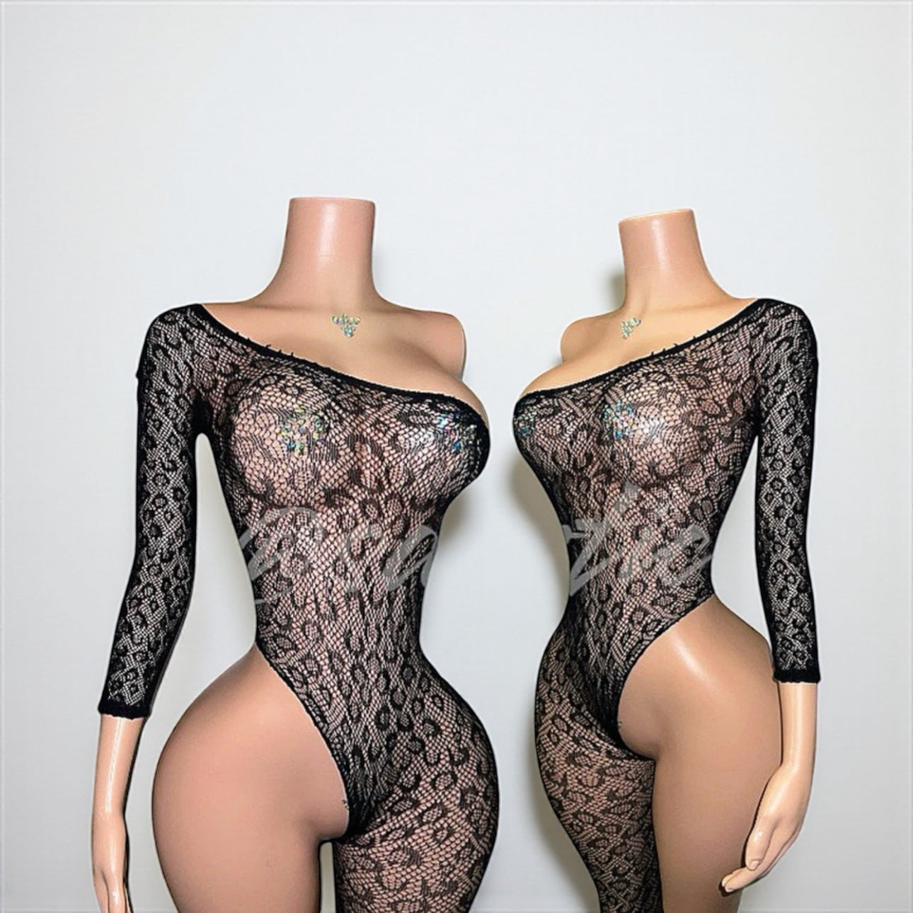 Bernice Cheetah Off Shoulder Fishnet Jumpsuit Fits XS-XL