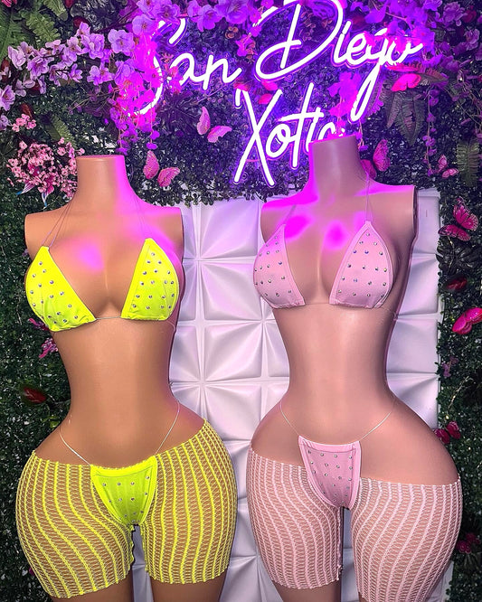 Chloe 3 Piece Bikini Set and Cut Off Fishnet Shorts with Rhinestones