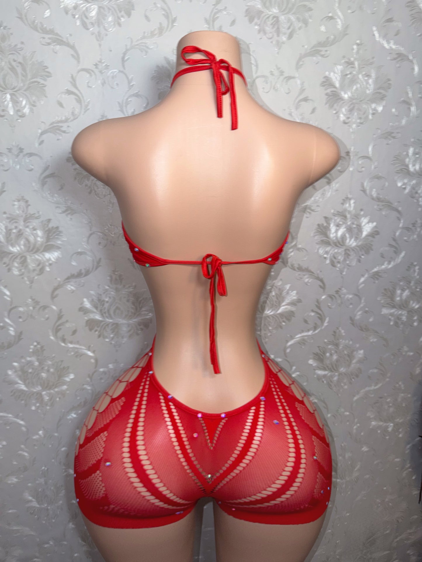 New PLT 2.0 Halter Rhinestone Fishnet Romper Fits S-XL