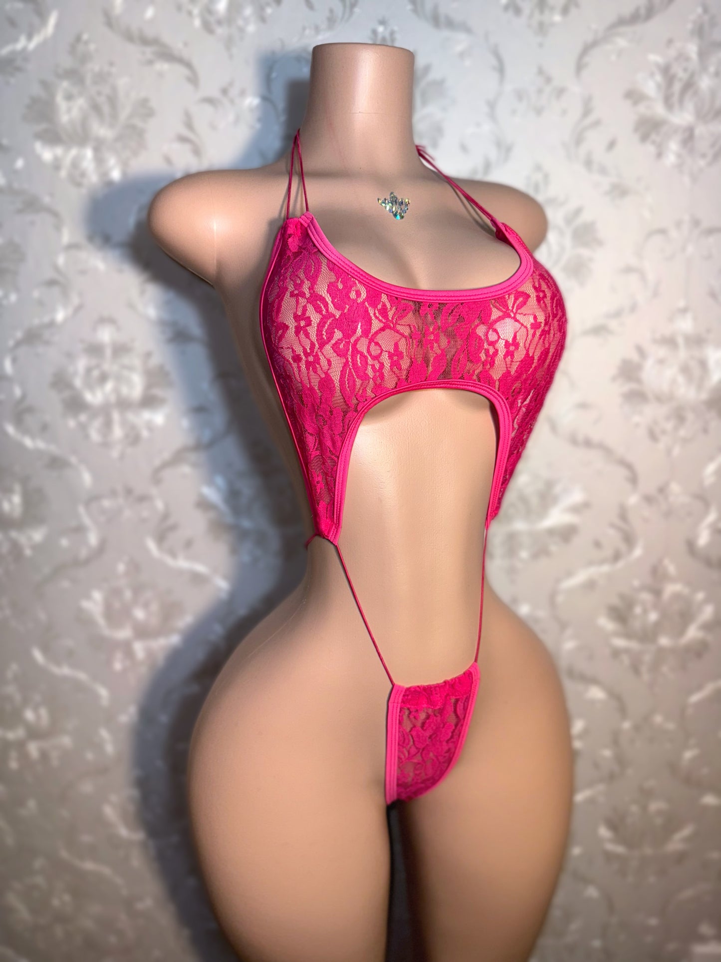 Sashay — Hot Pink Lace Slingshot Fits XS-M