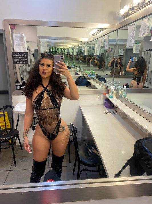 Rockstar Black Rhineston Fishnet Bodysuit One Size Fits All