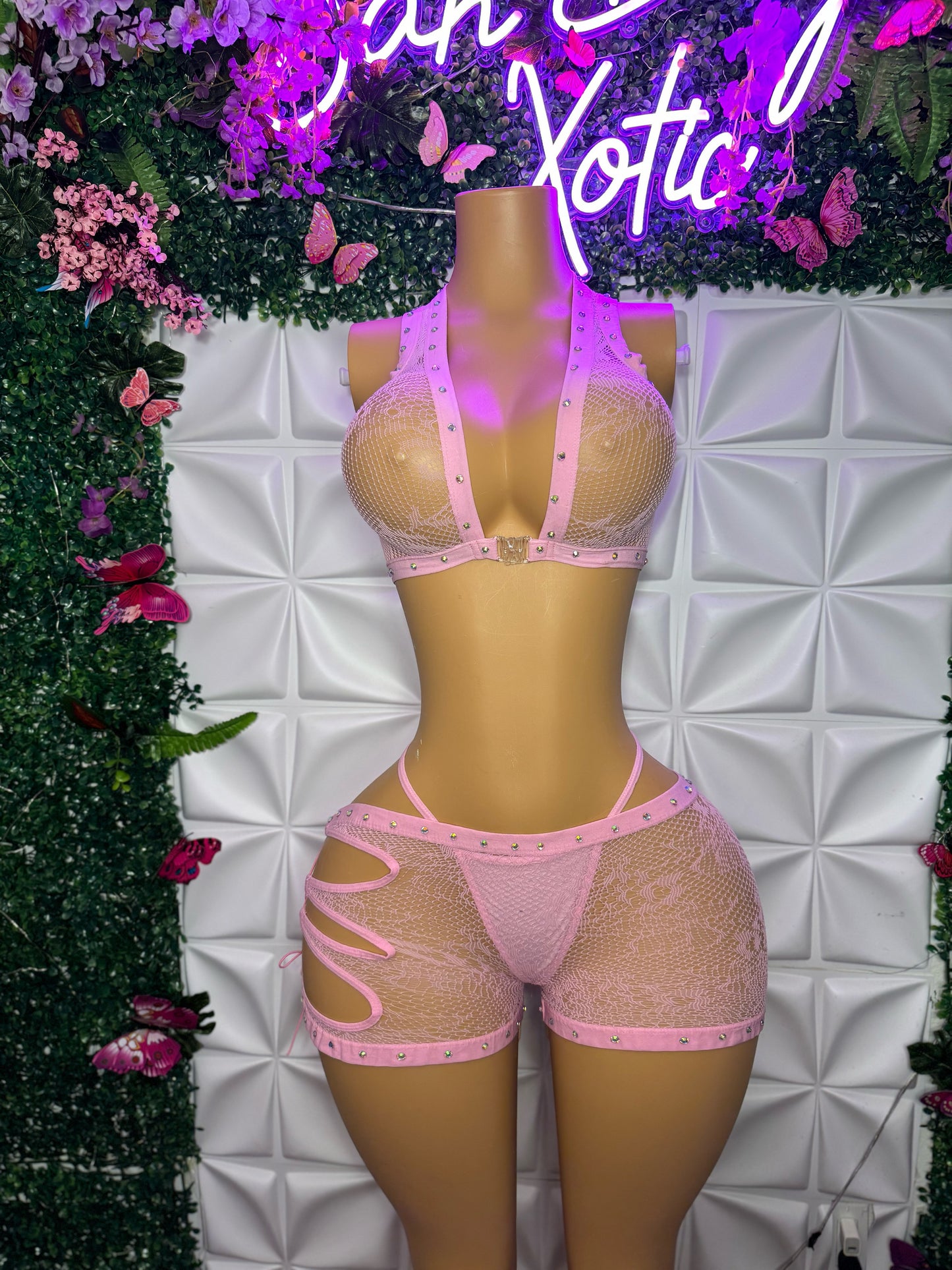 Ms. Daisy 3 Piece Lace Shorts Set with Clasp Top & Thong Matching Set
