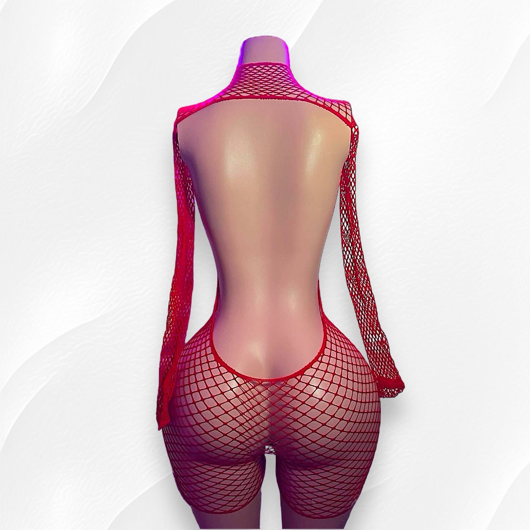 Lex Hollowed Out Long Sleeve Fishnet Romper Fits XS-M