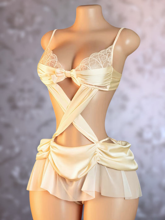 Leia Champagne Cascading Ruched Crotchless Bodysuit Fits XS-L