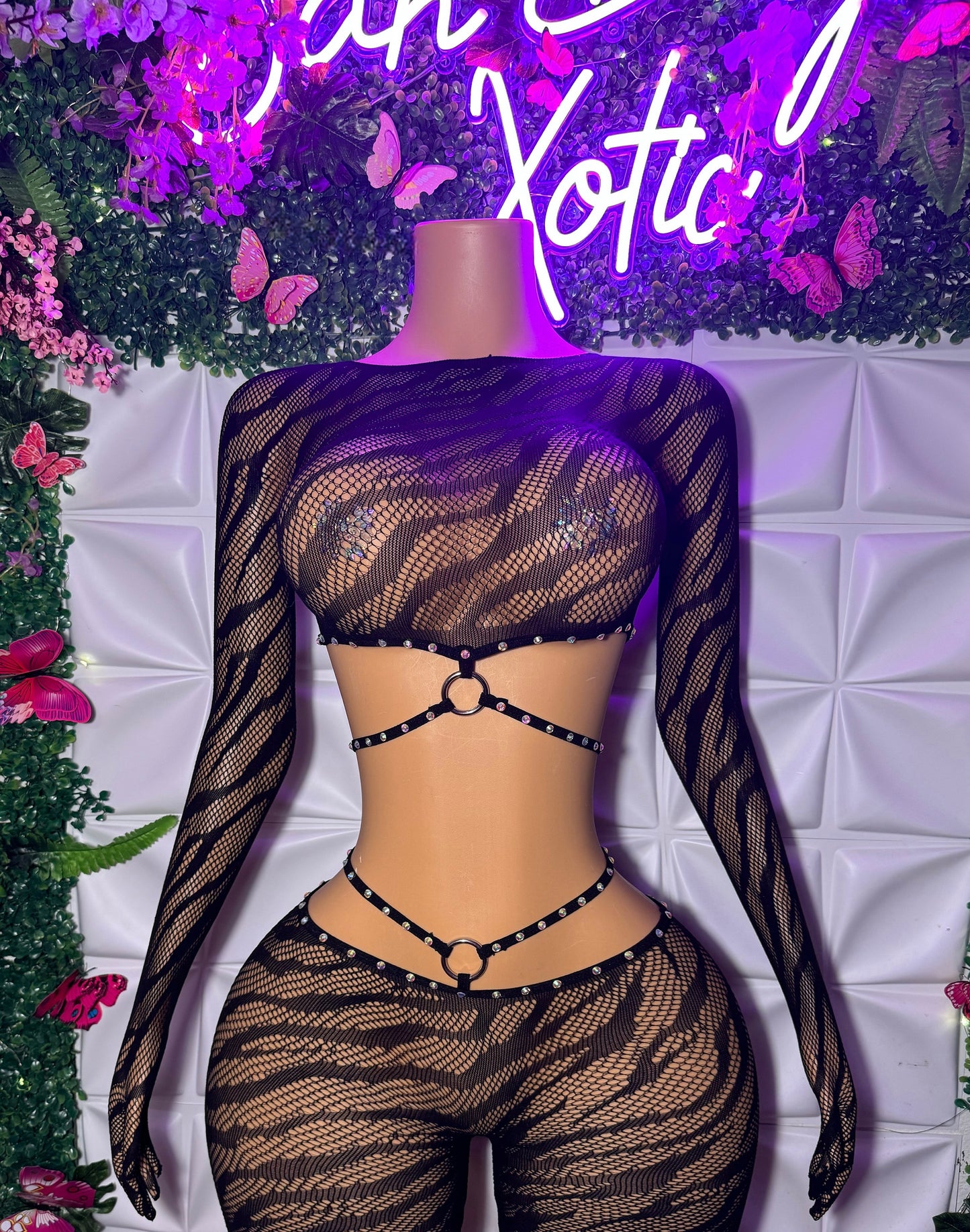 Azalea — Long Sleeve Zebra O-Ring Fishnet Set Fits XS-L
