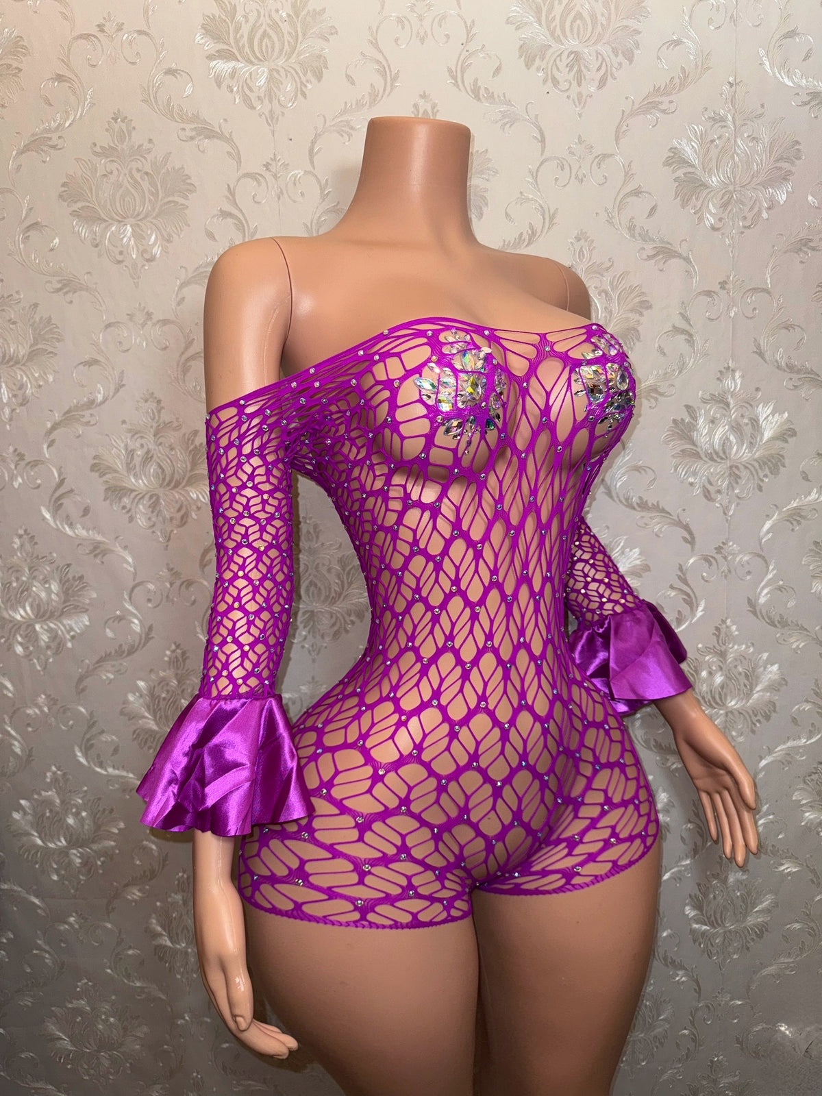 Kayla Off Shoulder Rhinestone Fishnet Romper Fits XS-M