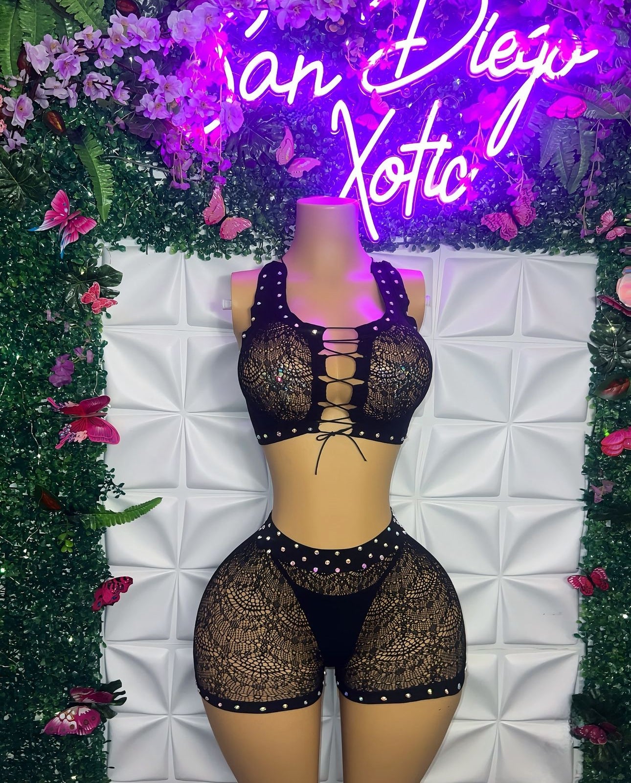 Showstopper 3 Piece Fishnet Shorts Matching Set with Thong Fits XS-L