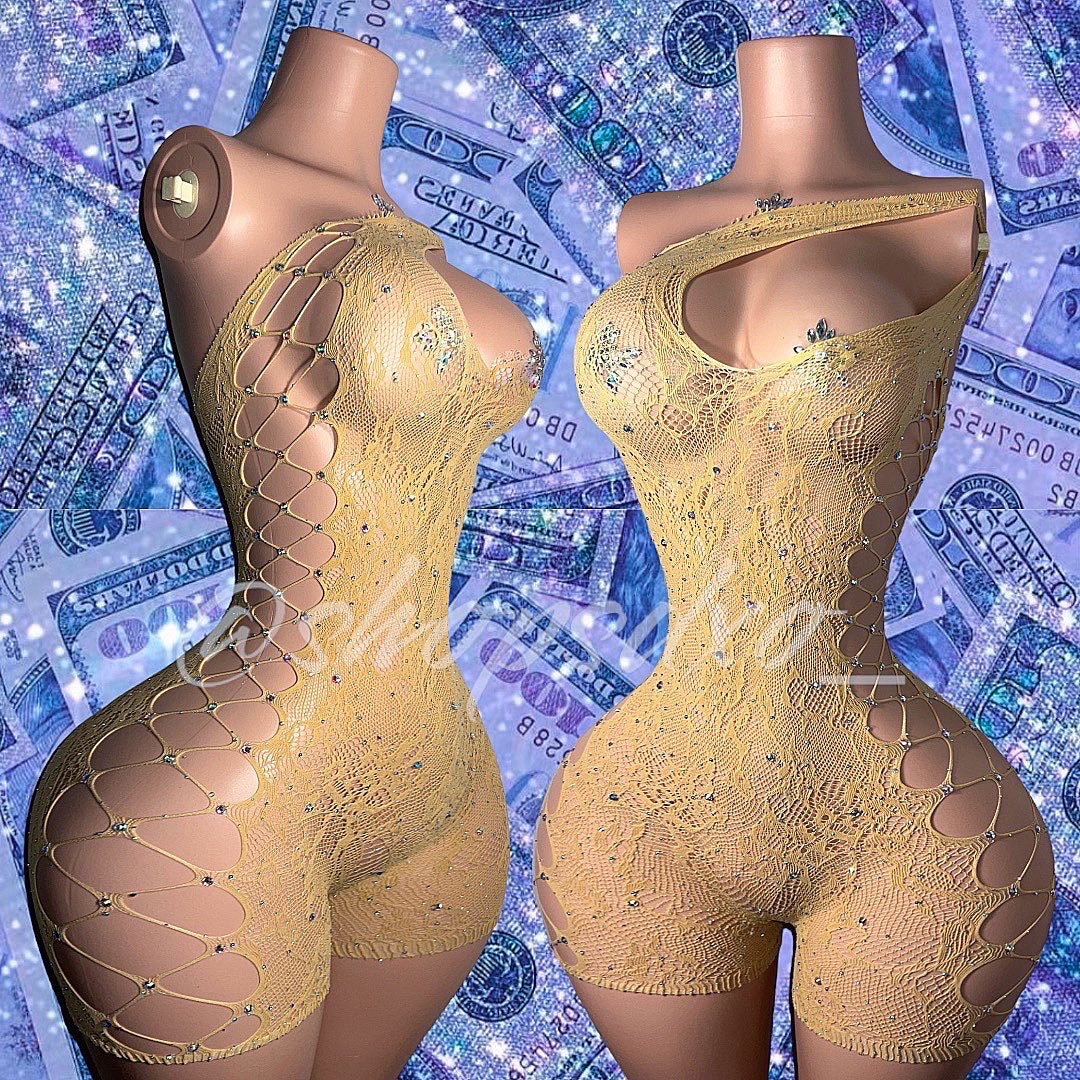 Milkshake Bedazzled Fishnet Romper Fits XS-XL