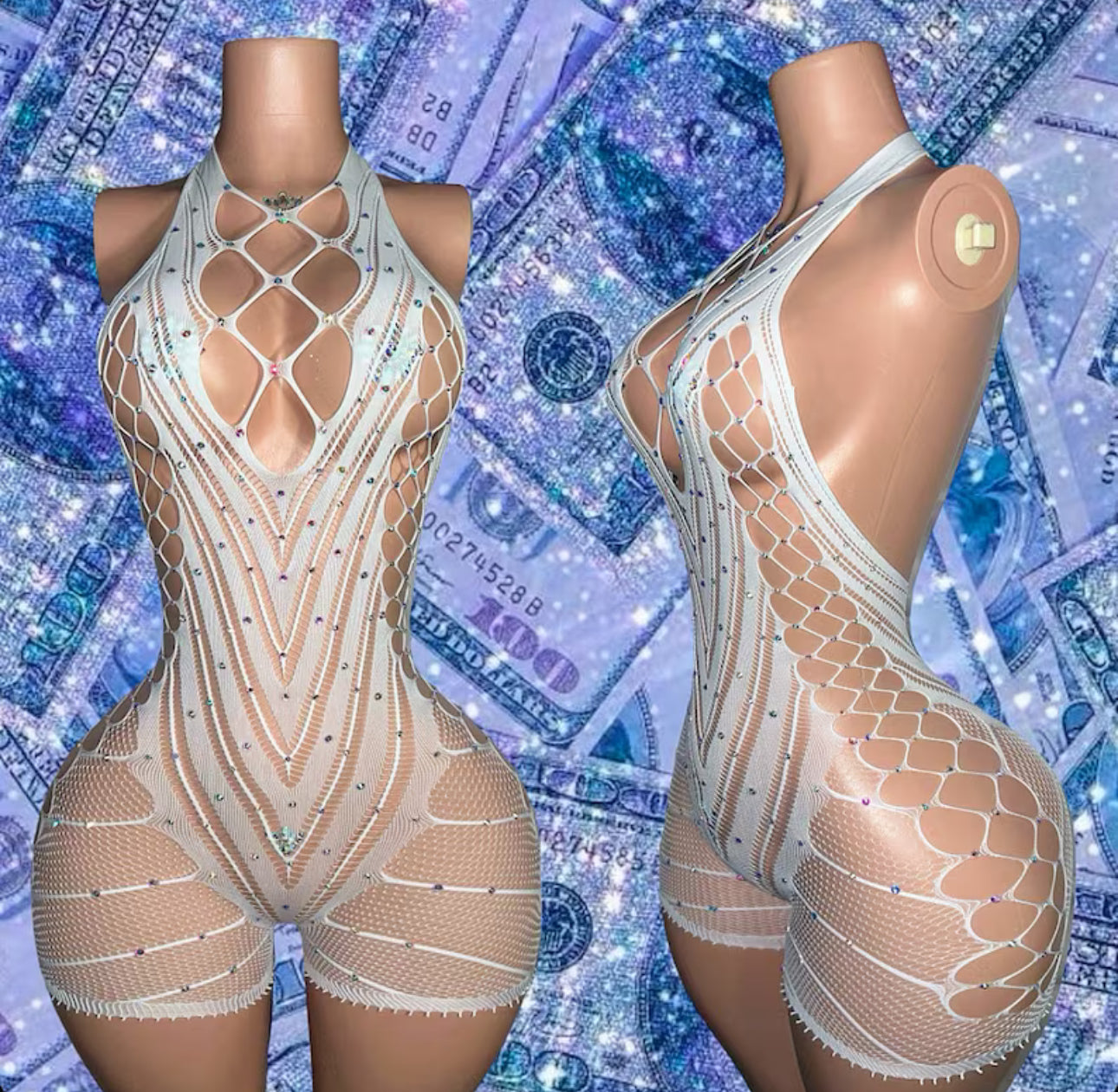 PLT Original Halter Fishnet Romper with Rhinestones Fits XS-XL