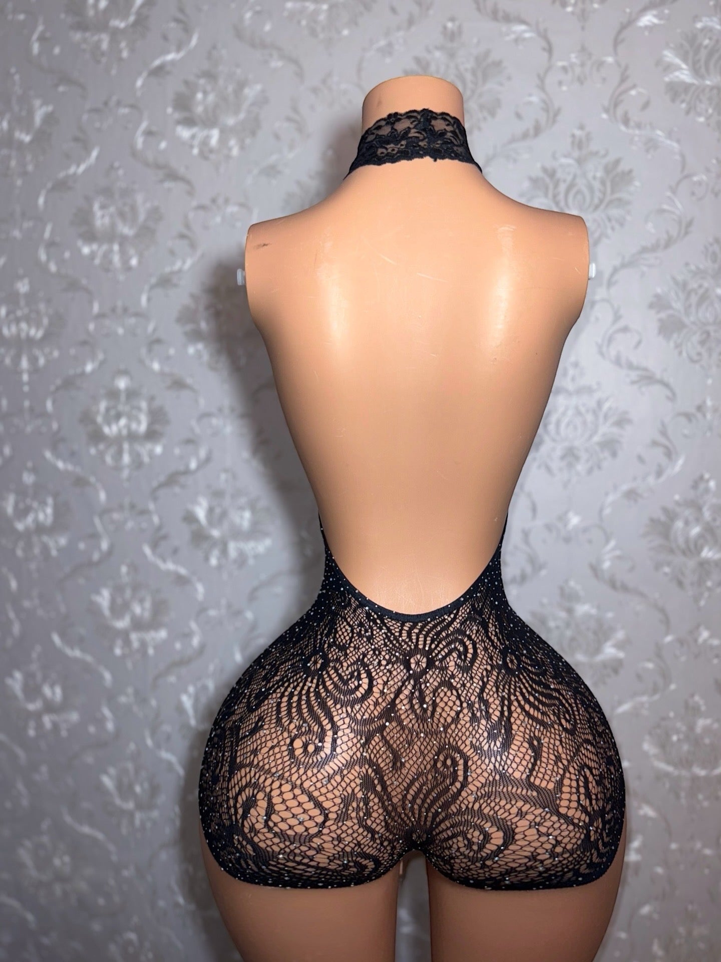Halle — Halter Lace Fishnet Rhinestone Romper Extra Stretchy Fit XS-XL