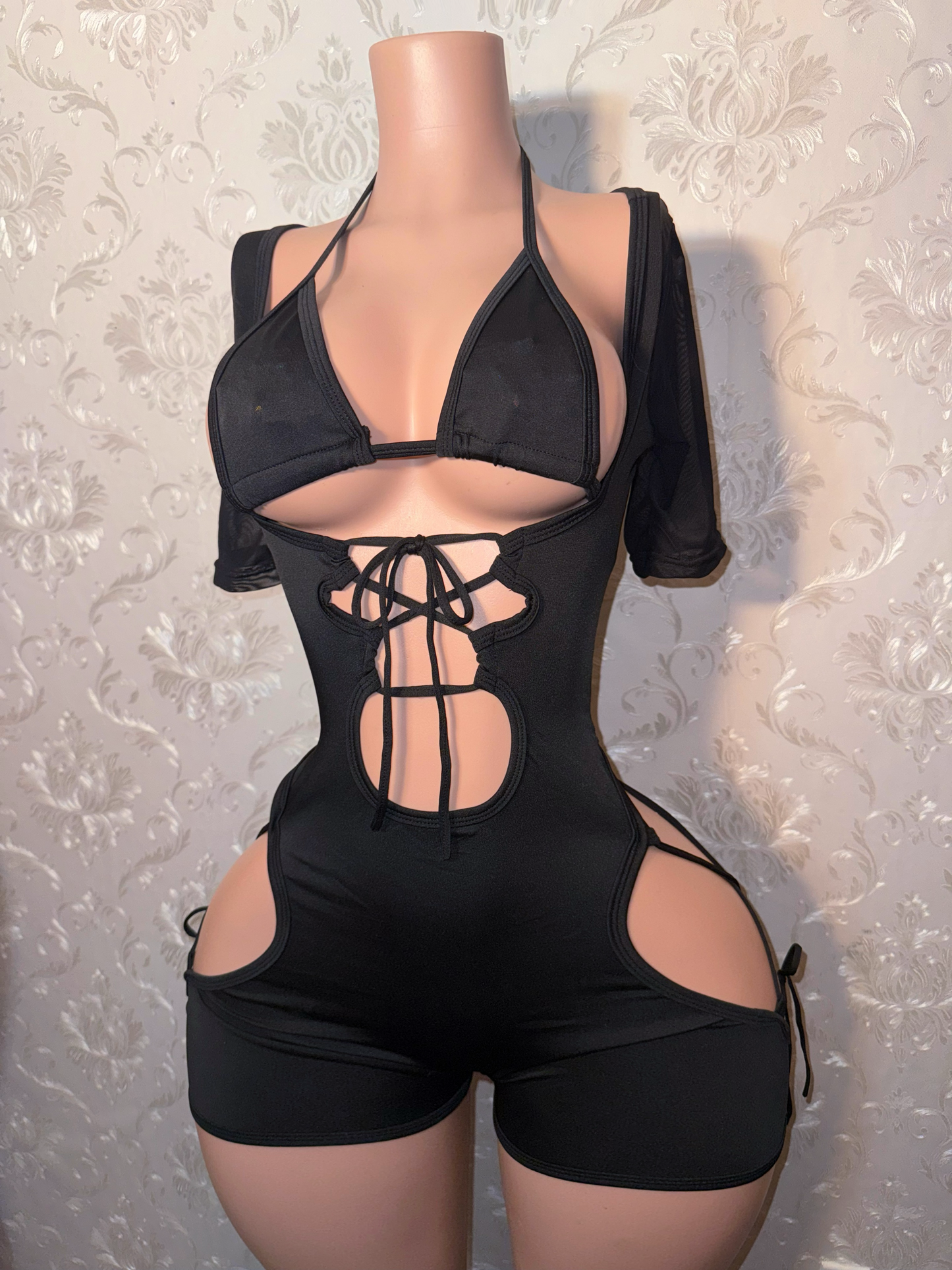 Bartender — Bottle Girl Set Short Sleeve Cut Out Romper With Bikini Top