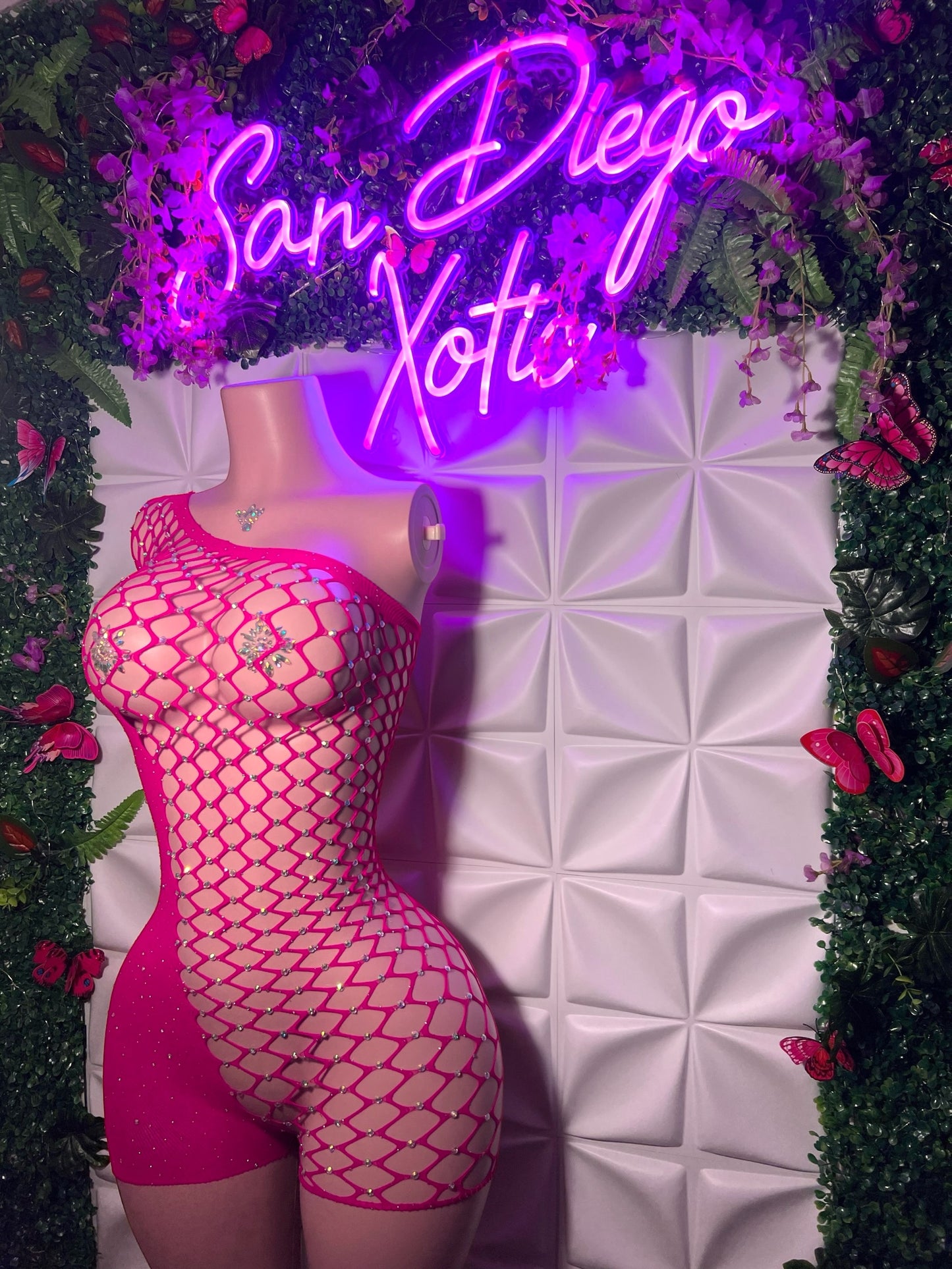 Holiday — Birthday Suit Bedazzled Romper Asymmetrical Fishnet Fits XS-L Optional Extra Stones