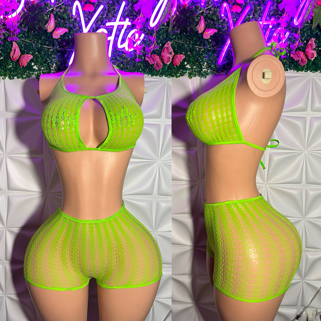 Summer — Neon Green Fishnet Floral Lace Crotchless Shorts Set Fits XS-L